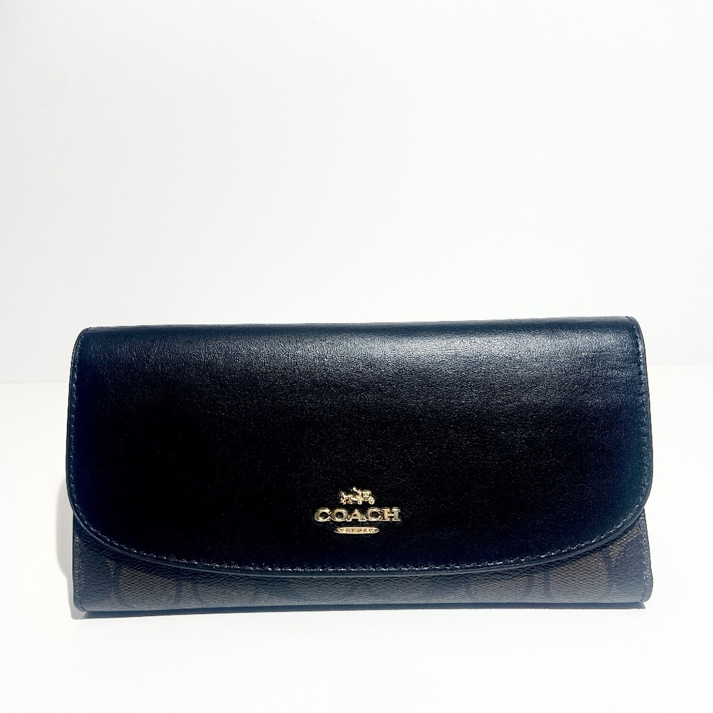 Coach Signature Canvas Checkbook Wallet- Black Brown